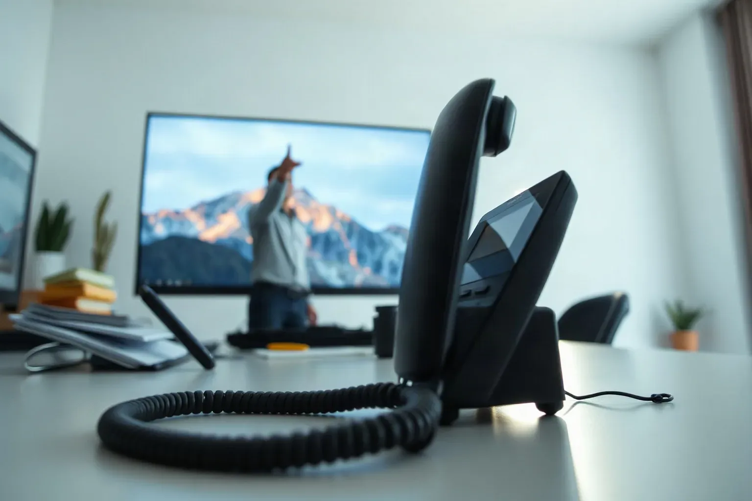 A desk phone handset lifted mid-call