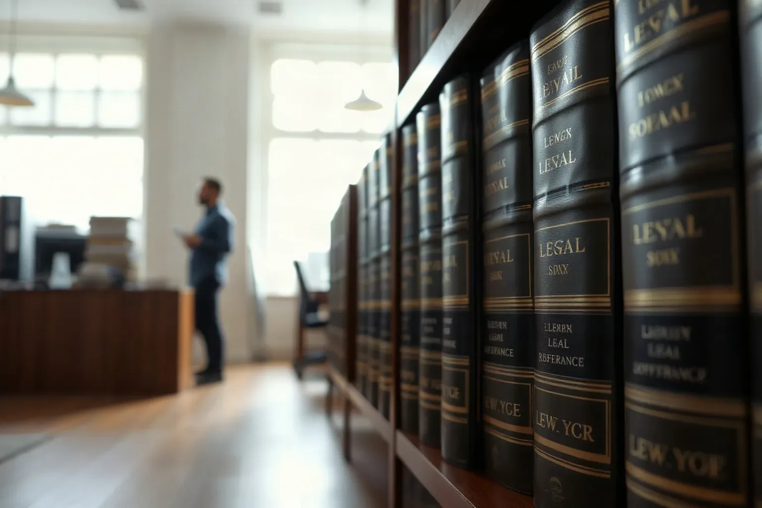 Bound legal reference volumes standing on a dark wood shelf in a solicitor's office