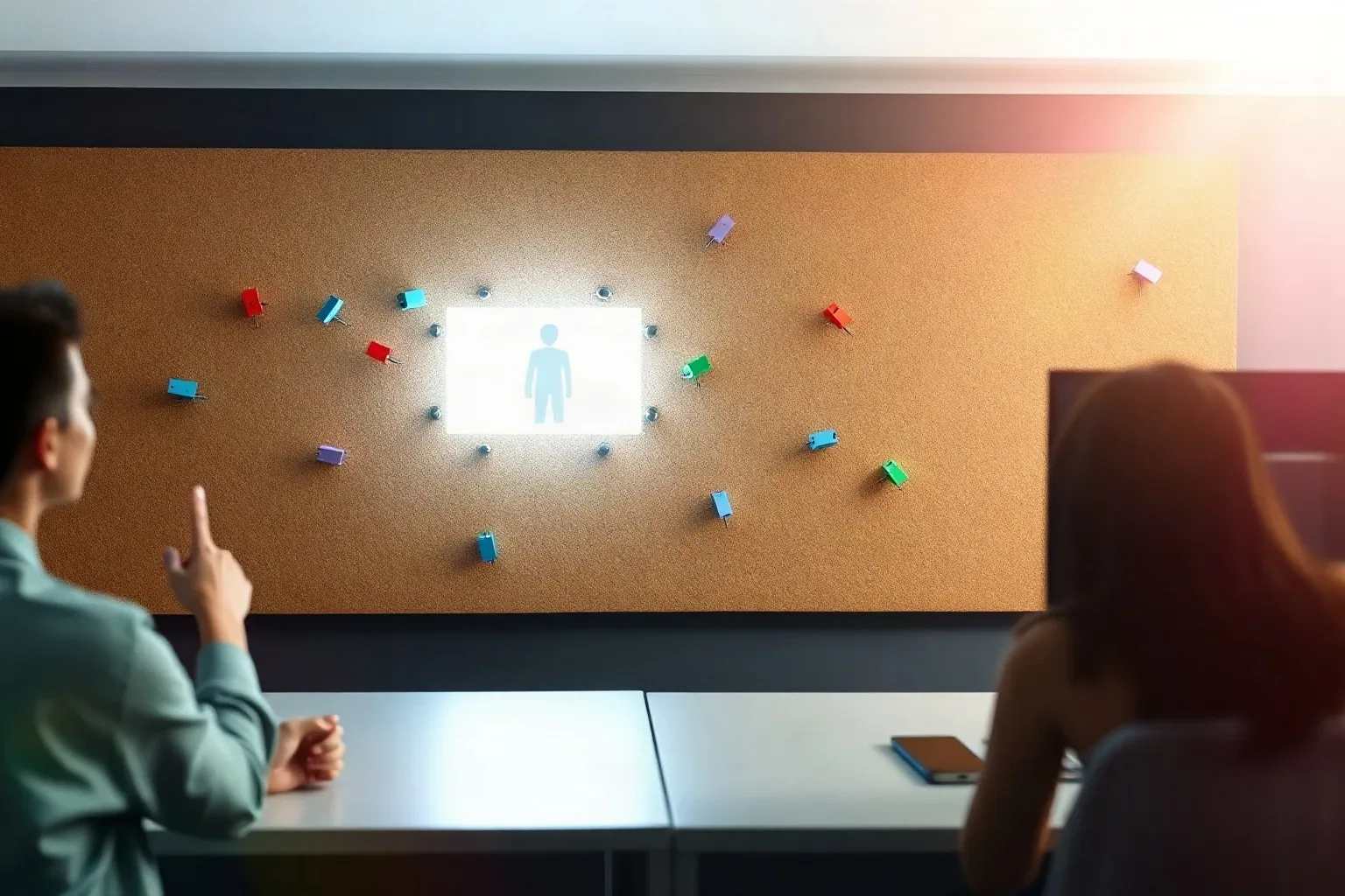A cork pinboard with colour-coded flags in loose clusters