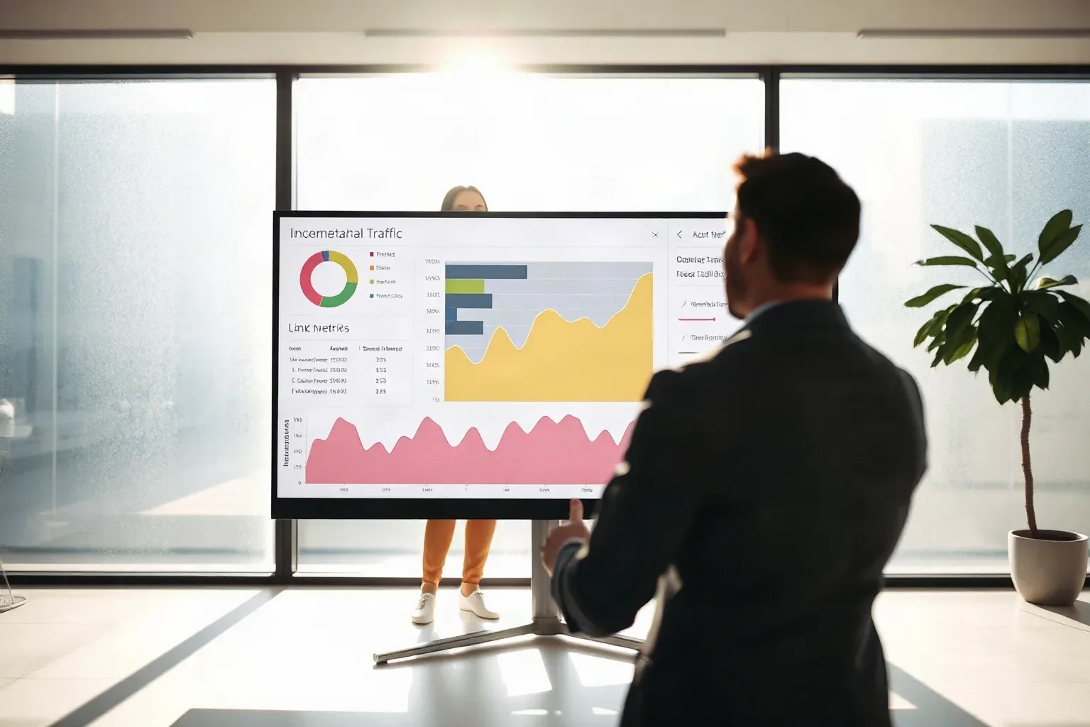 A wide monitor angled toward the camera showing abstract coloured graphs and link-metric curves