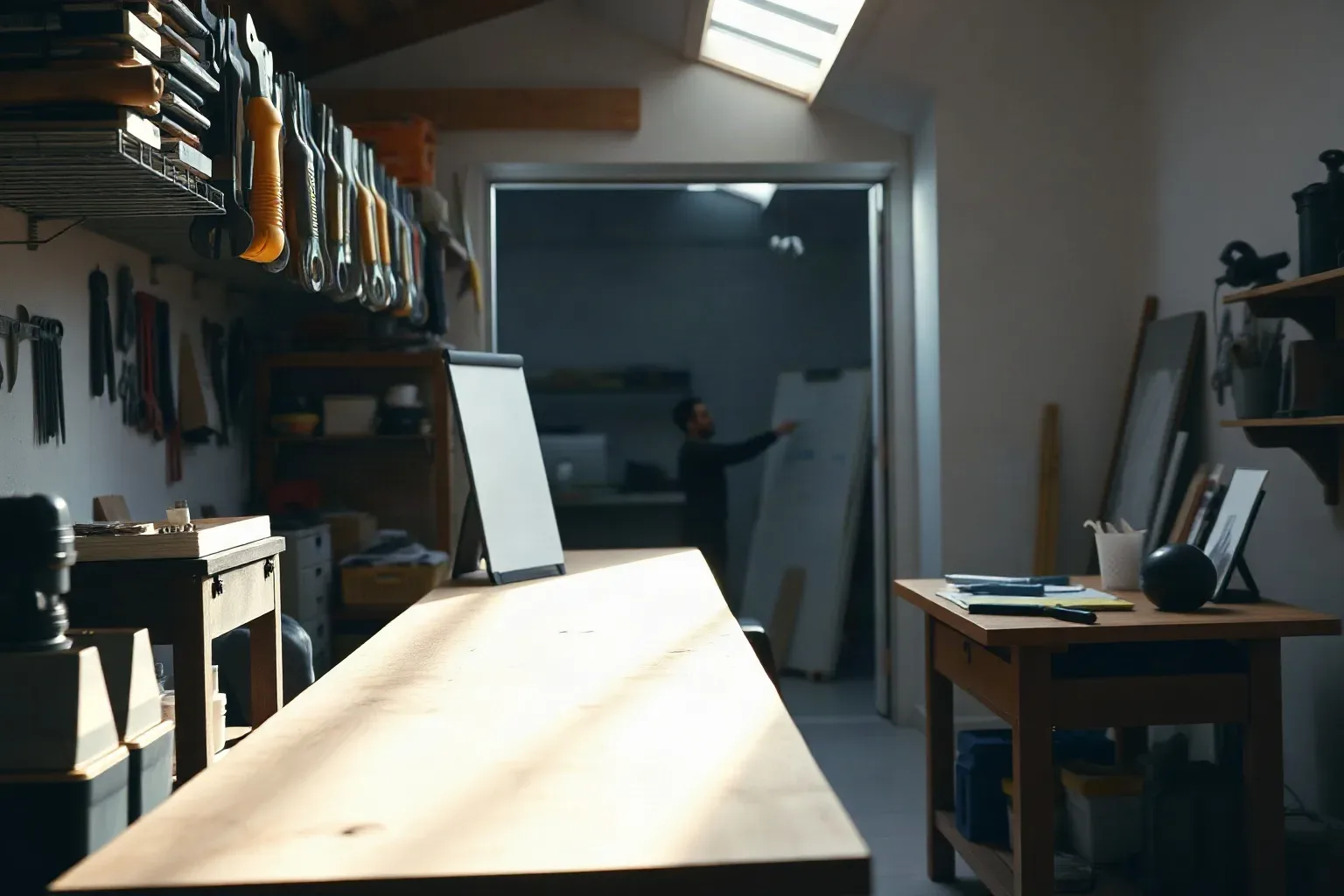 A trade workshop bench with hand tools racked above it