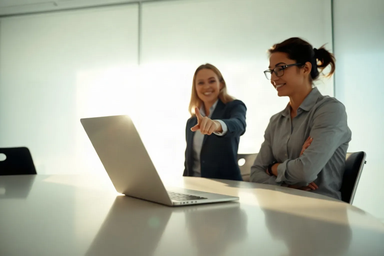 A laptop open at a shallow angle on a meeting table