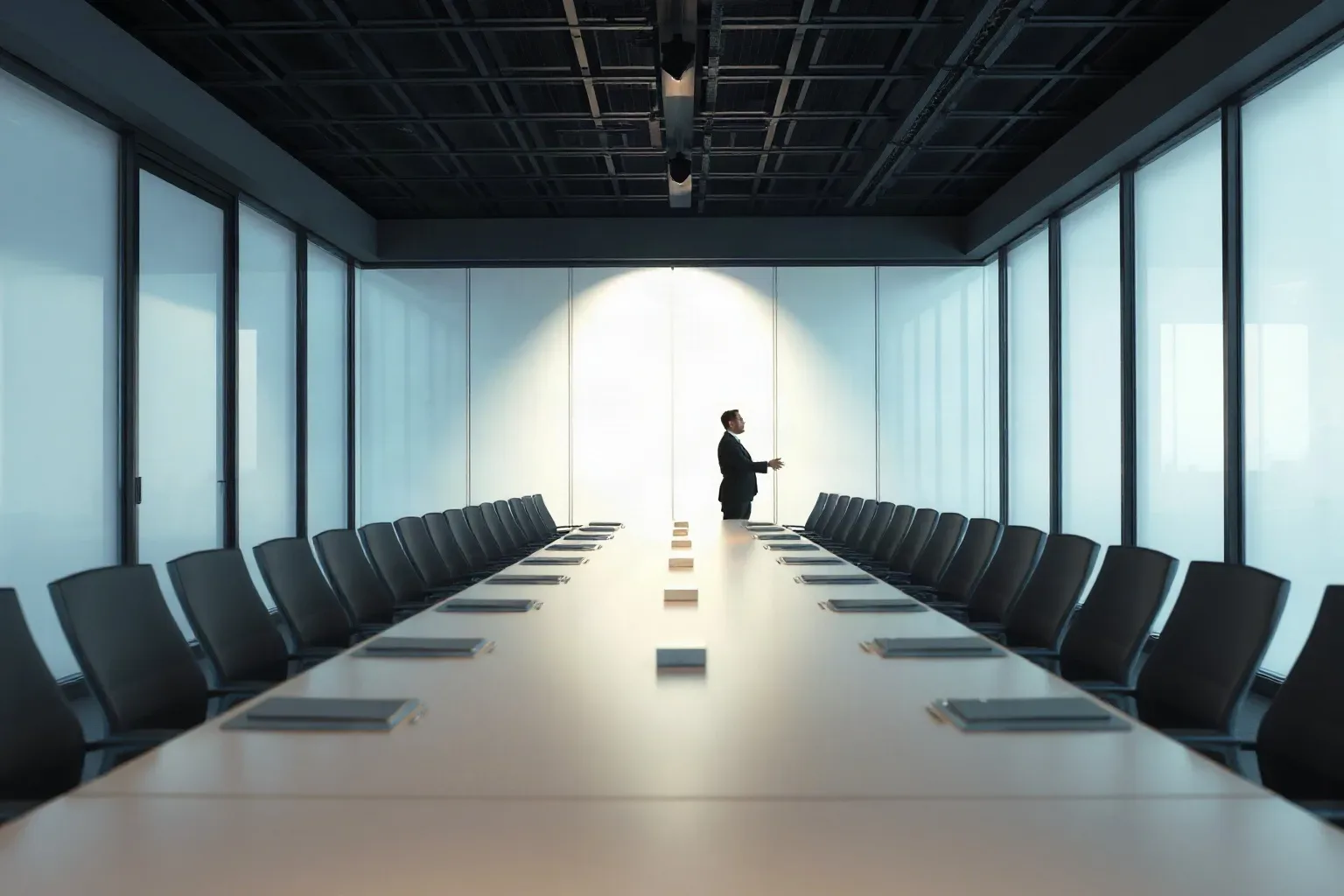 A long meeting table set for a strategy session where target domain examples and past campaign placements have not been