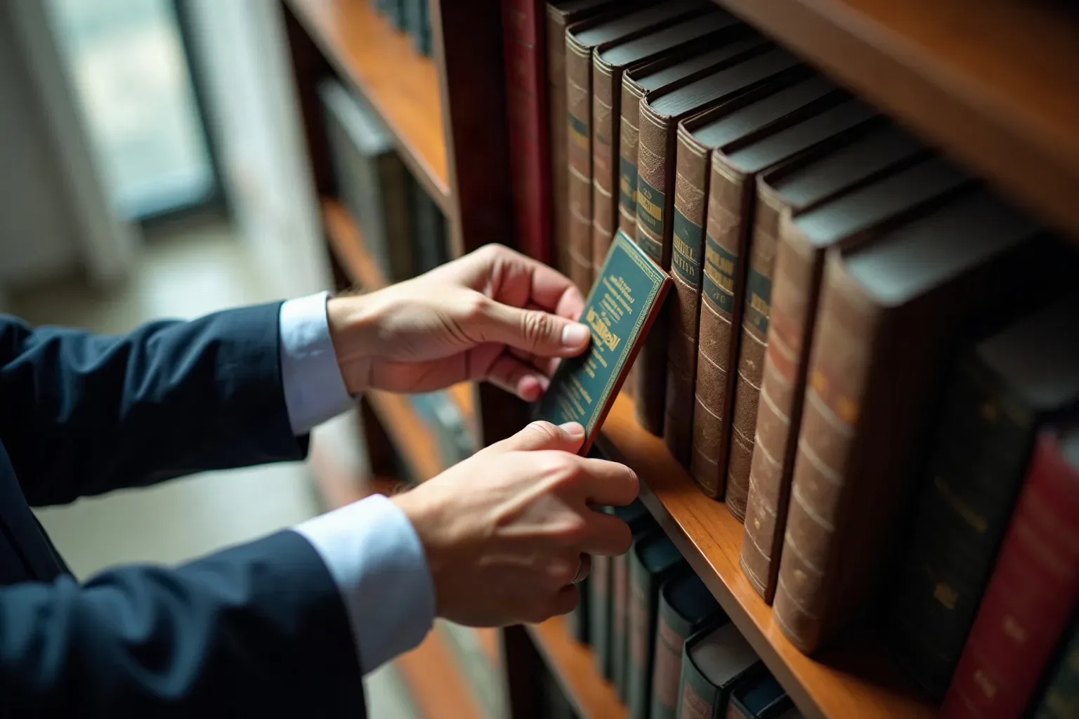 A person in a suit removes a teal-spined volume from a shelf of dark bound reference books