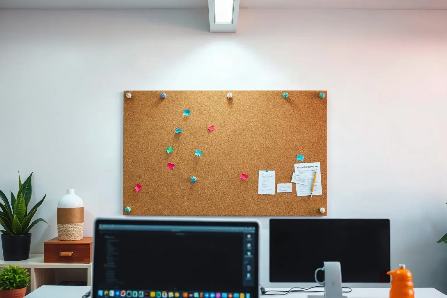 A cork pinboard mounted behind a workstation covered in small colour-coded flags pinned in loose clusters