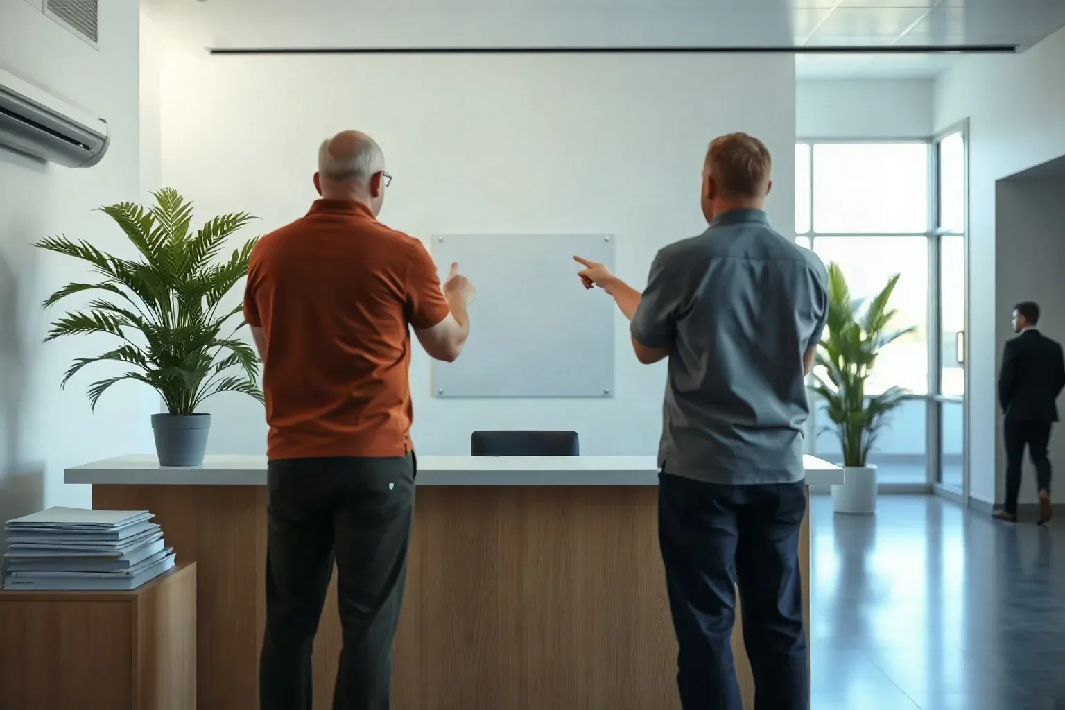 A clean reception desk with a potted plant and unmarked folders stacked to one side