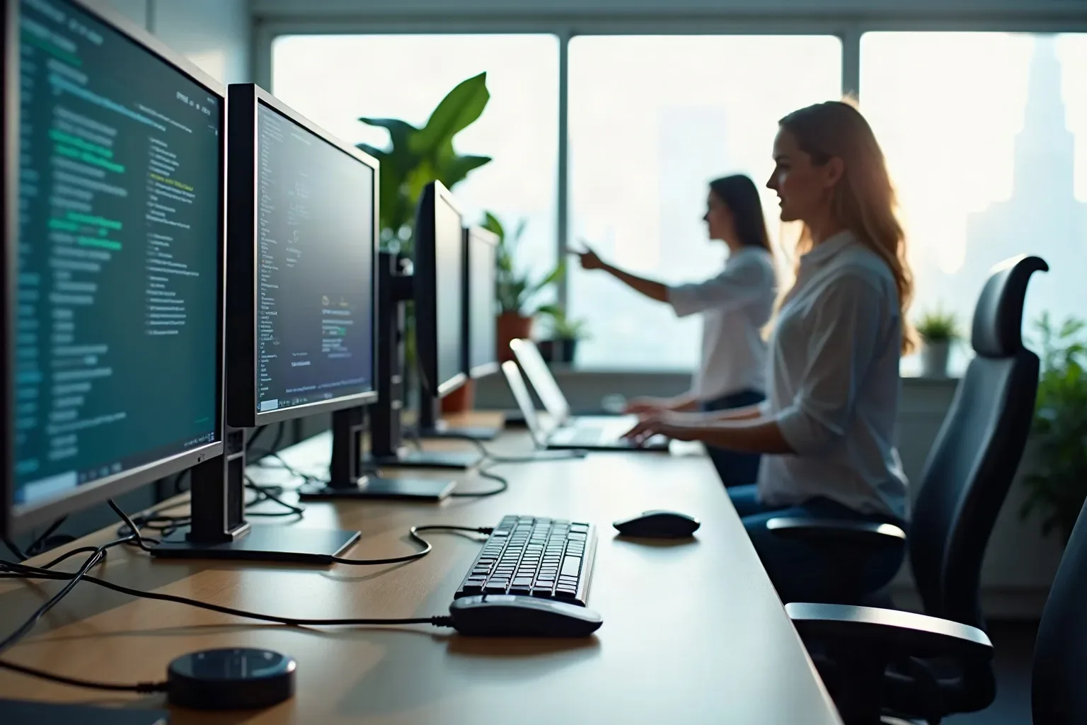 Two people work at a long desk lined with monitors displaying code, in a bright open-plan office with large windows and potted plants