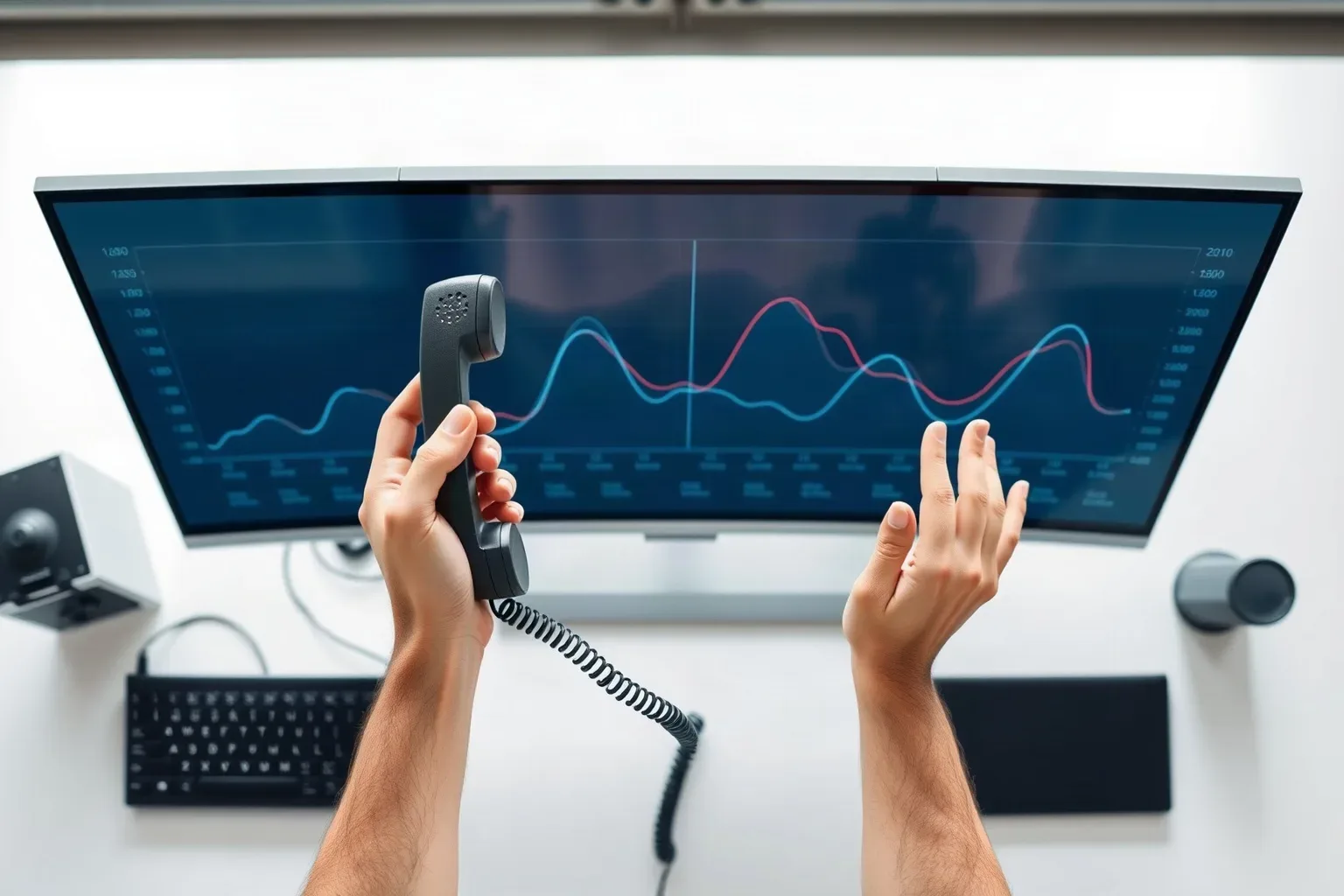 A desk phone handset lifted mid-call