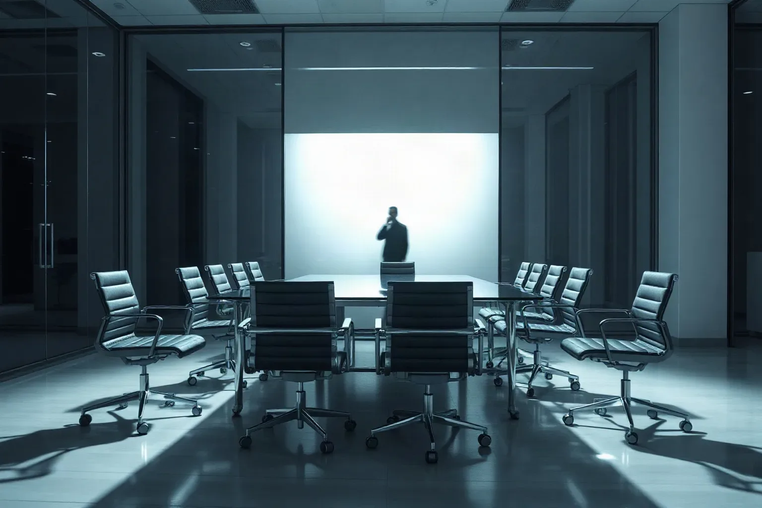 A row of matching conference chairs pushed under a glass-topped table in a corporate meeting room