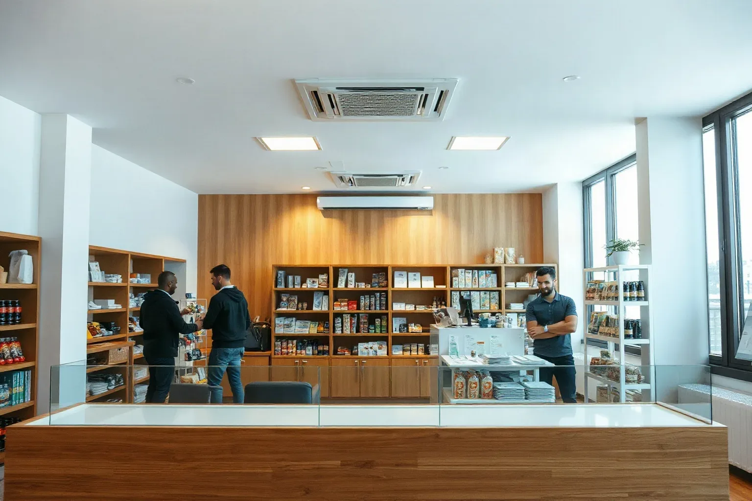 A retail counter with product display and shelving on the staff side