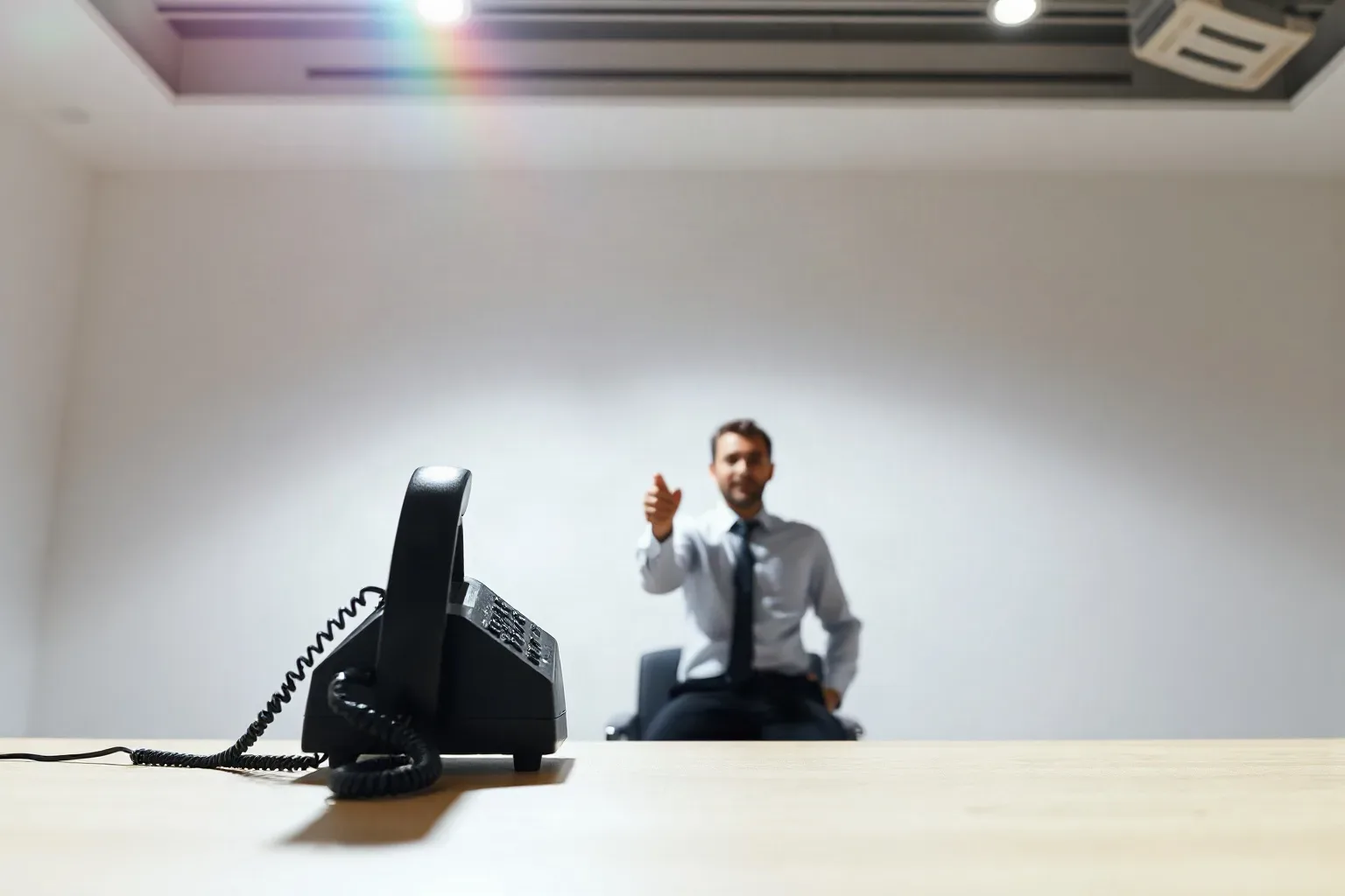 A desk phone handset lifted mid-call