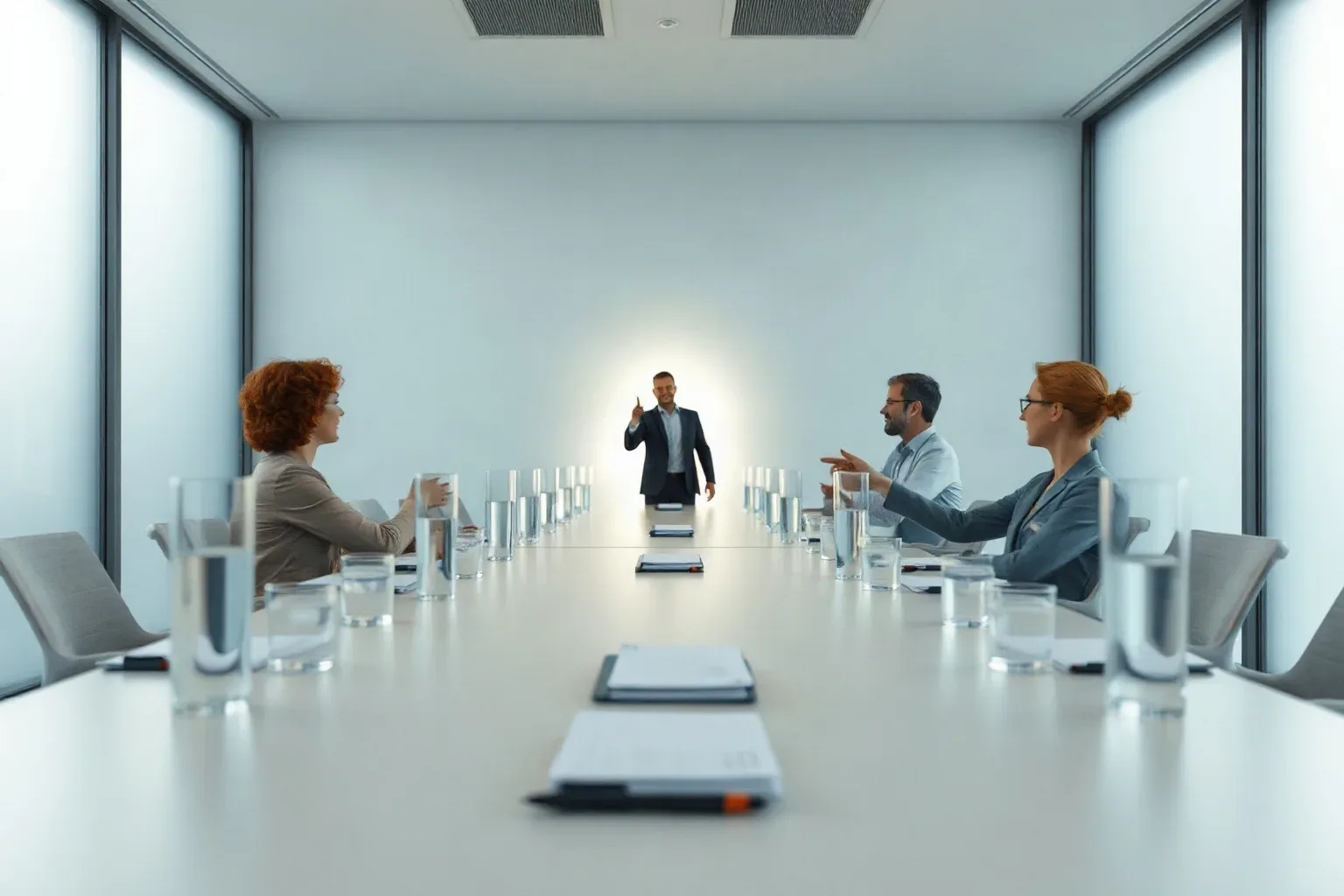 A long meeting table set for a strategy session with water glasses and scattered pens
