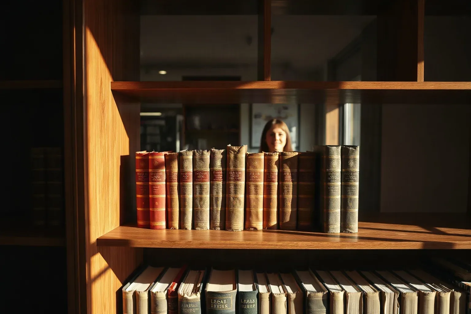 Bound legal reference volumes on a dark wood shelf in a solicitor's office