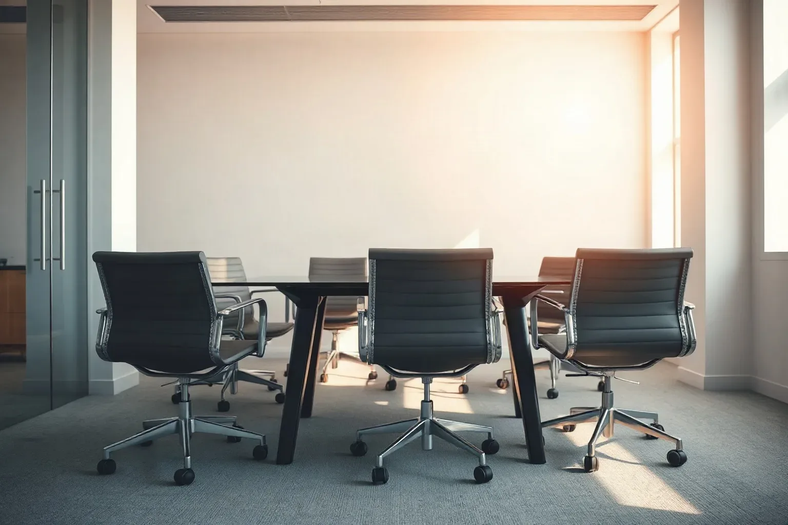 A row of matching conference chairs pushed under a glass-topped table in a corporate meeting room