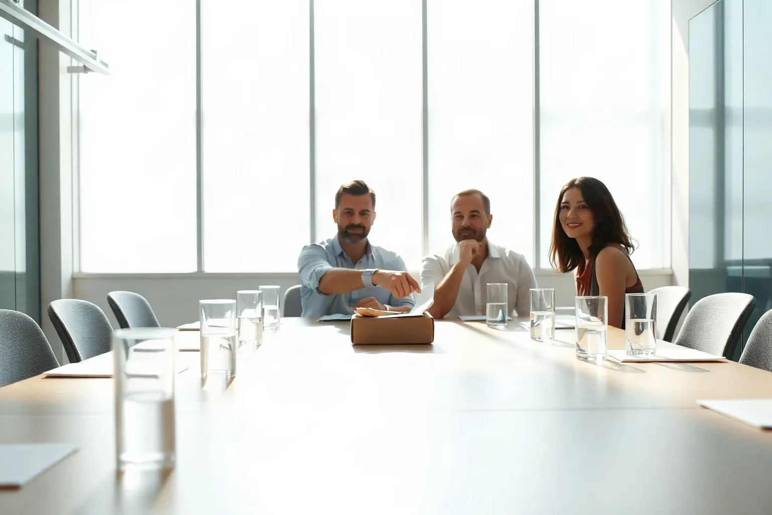 A long meeting table set for a strategy session with water glasses and scattered pens