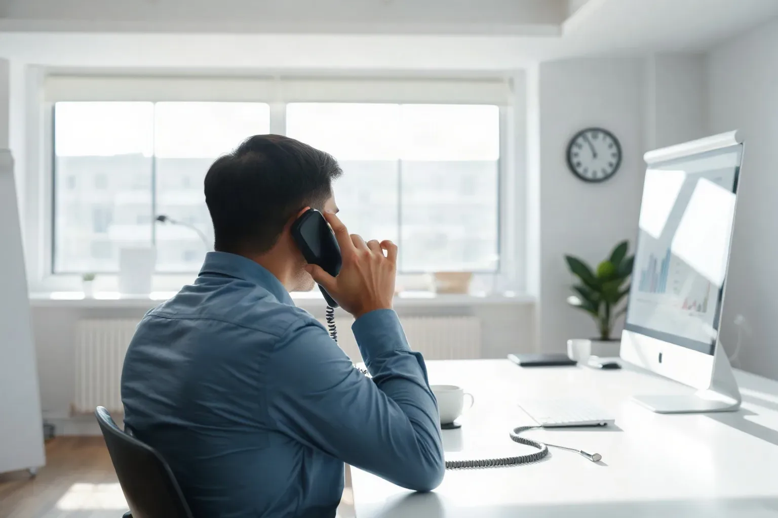 A desk phone handset lifted mid-call