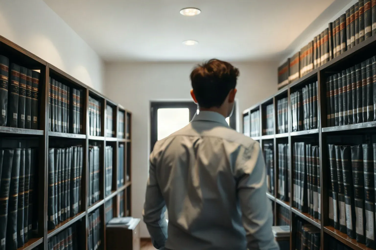 Bound legal reference volumes on a dark wood shelf in a solicitor's office