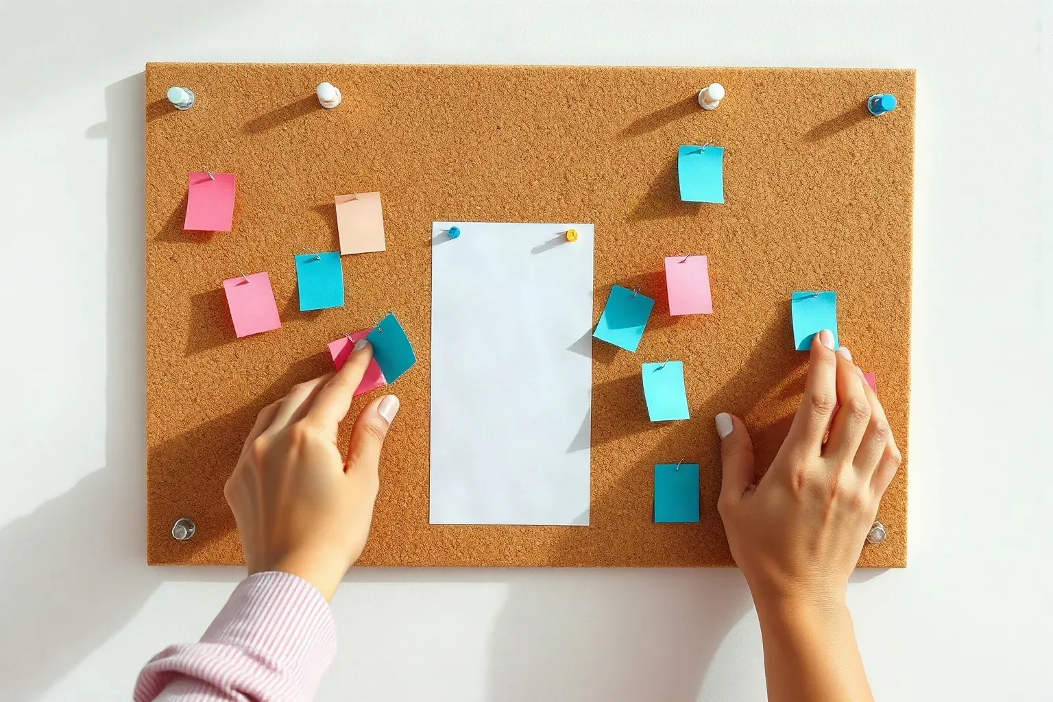 A cork pinboard with colour-coded flags pinned in loose clusters
