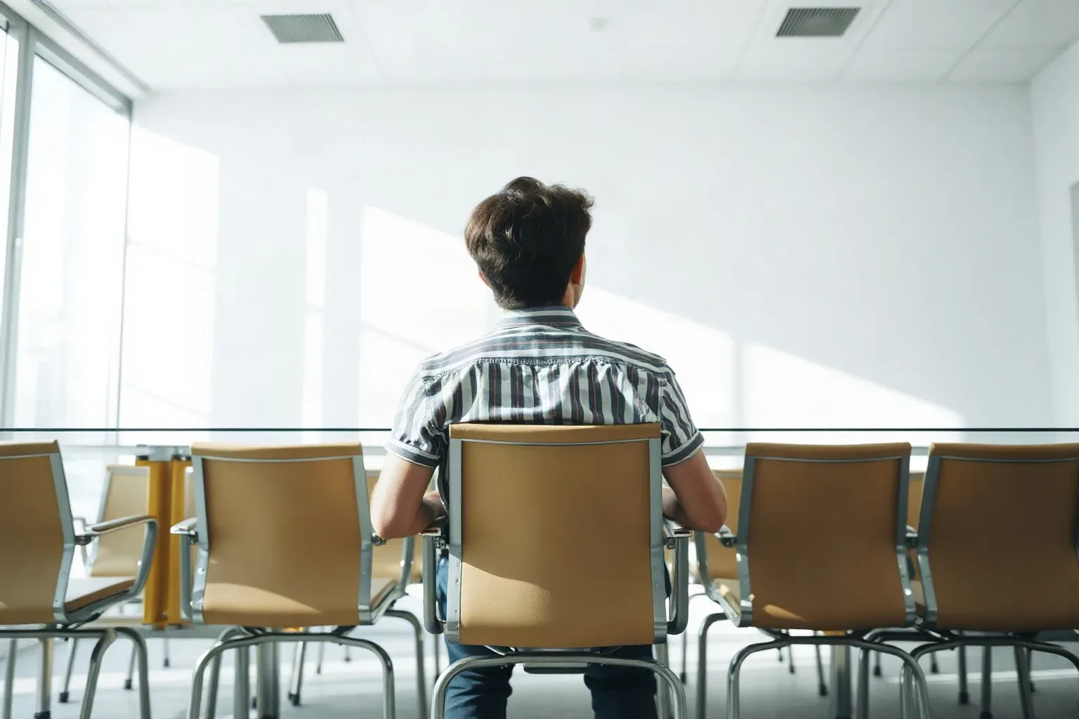 A row of matching conference chairs pushed under a glass-topped table in a corporate meeting room