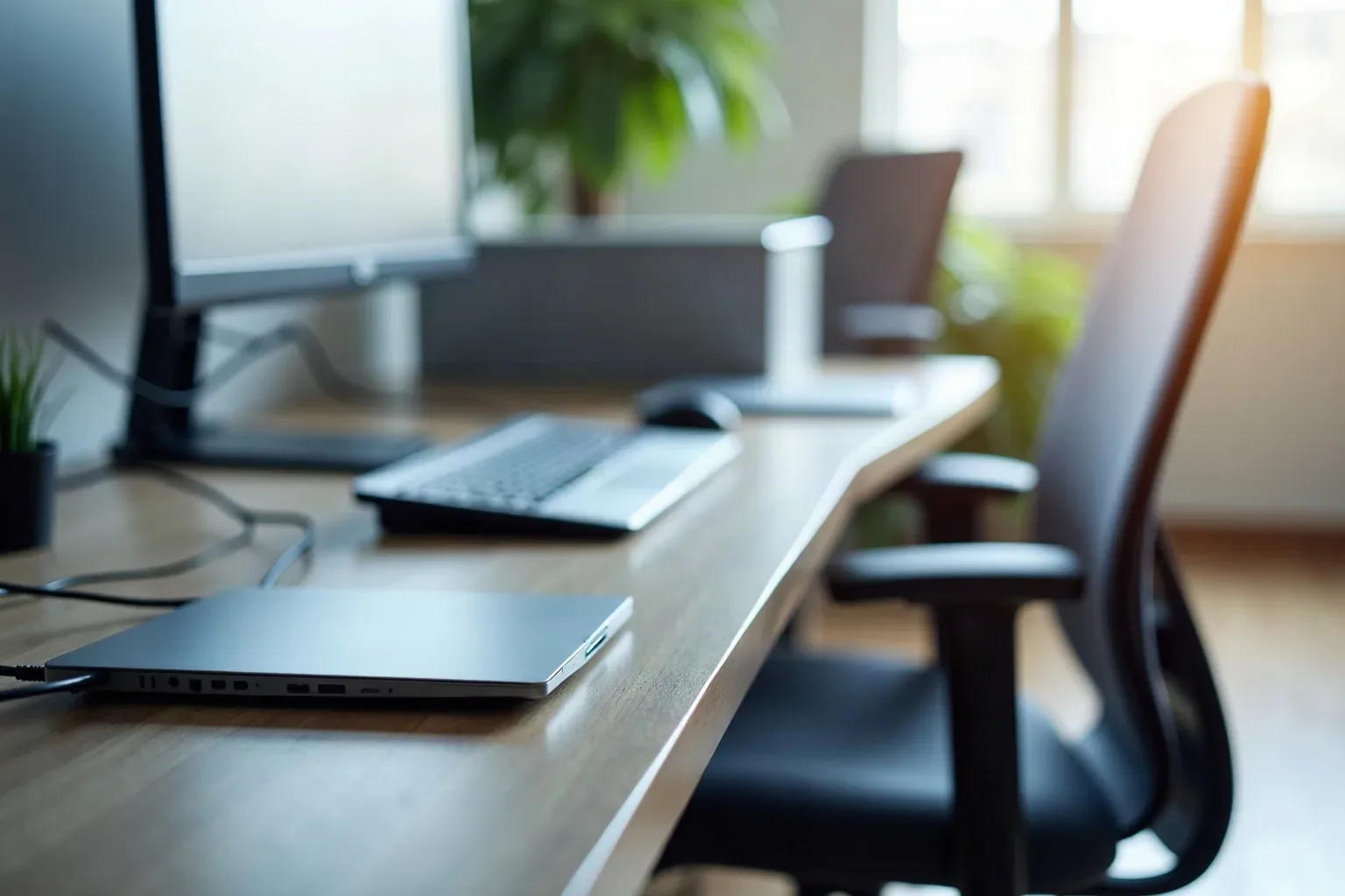 A closed laptop and keyboard sit on a wooden desk beside a monitor arm and office chair, with plants visible in the background