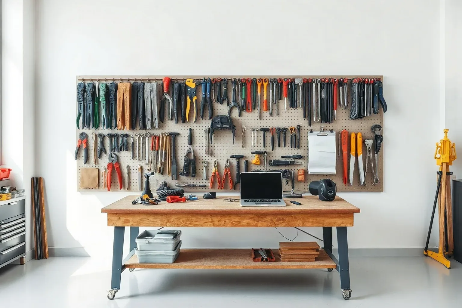 A trade workshop bench with hand tools racked above it