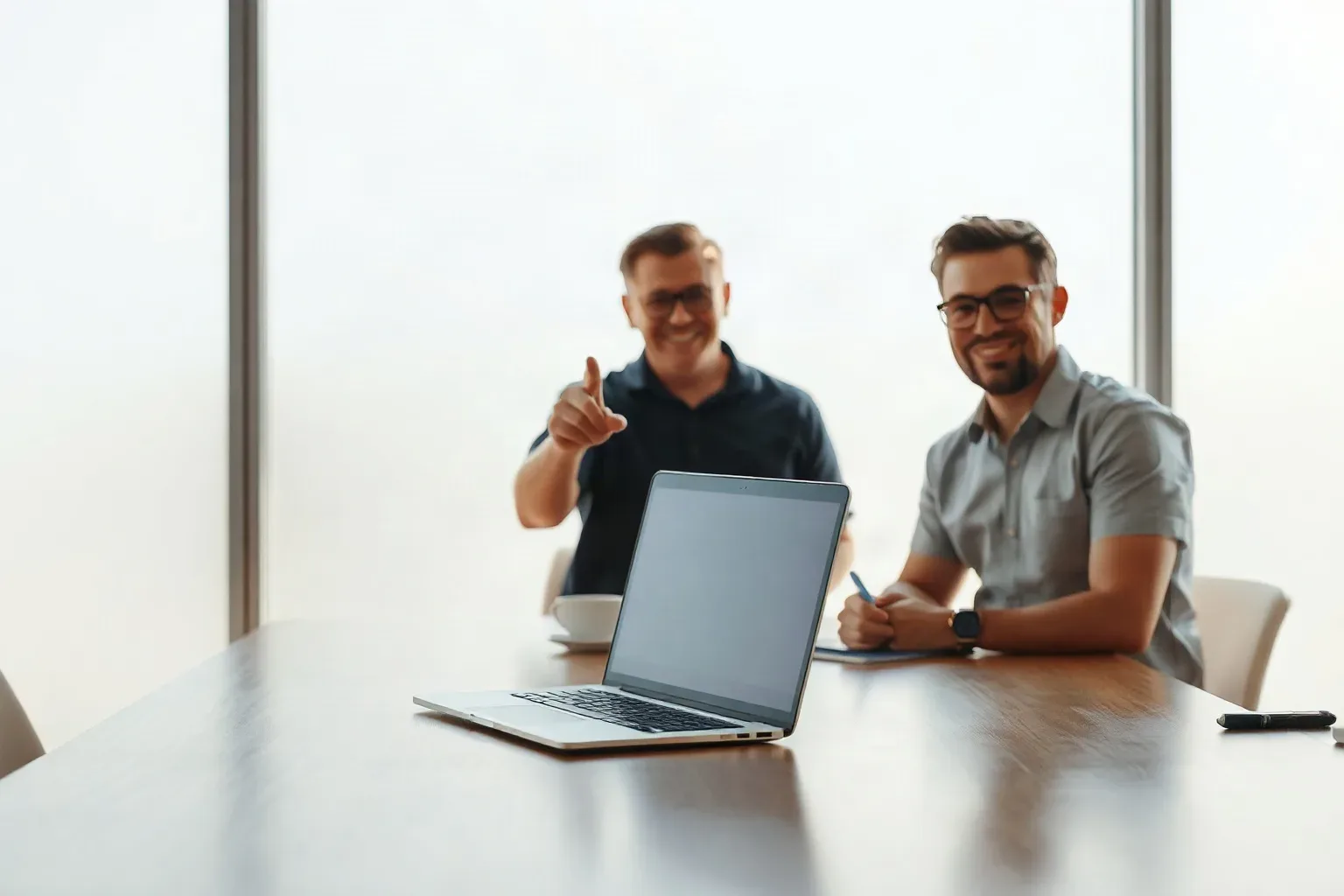 A laptop open at a shallow angle on a meeting table