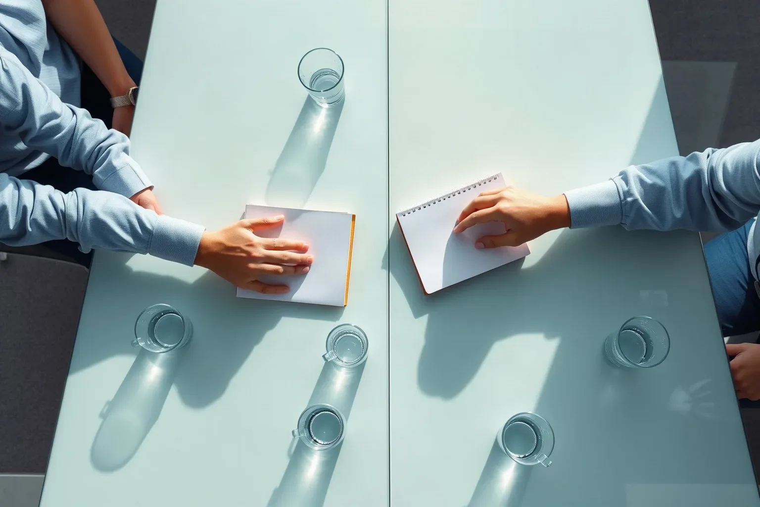 A long meeting table set for a strategy session with water glasses and scattered pens