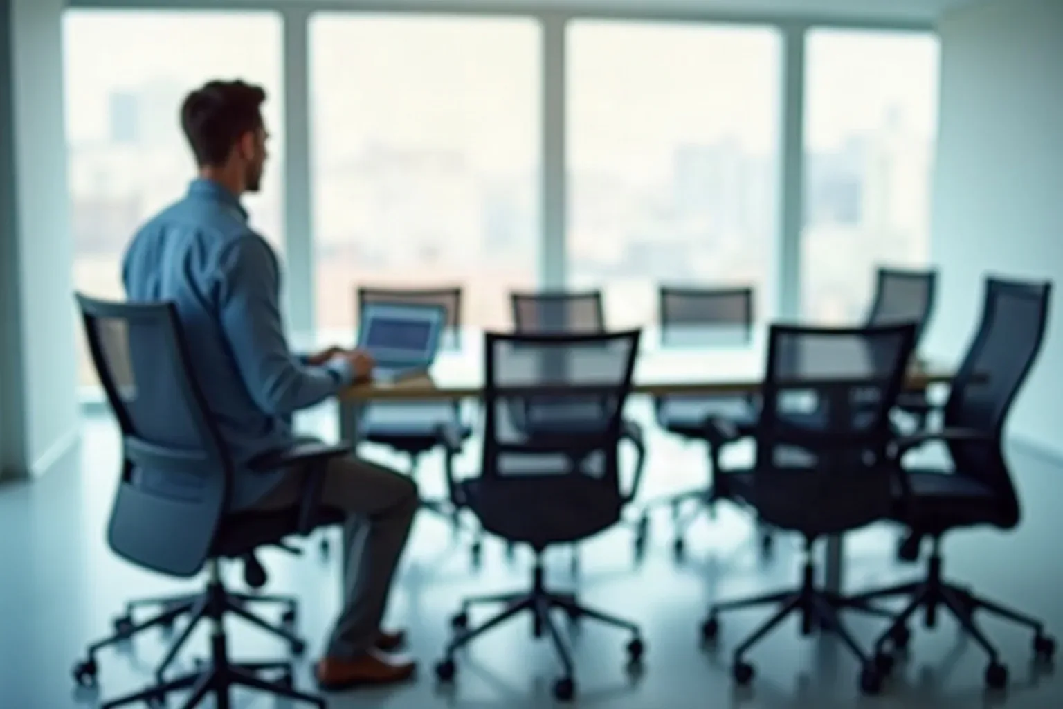 A person sits alone at a long conference table with several empty chairs, working on a laptop in a bright meeting room
