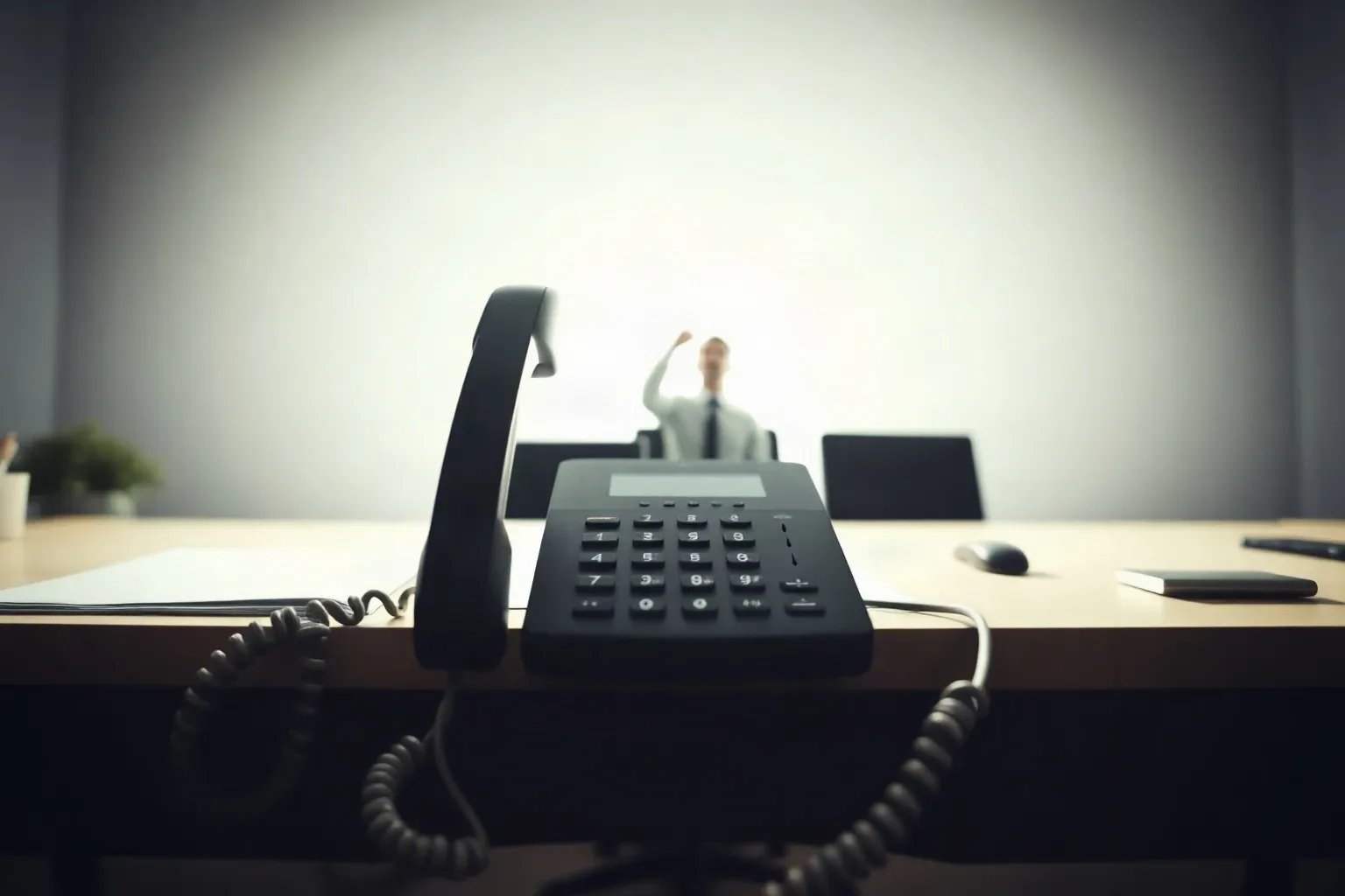 A desk phone handset lifted mid-call