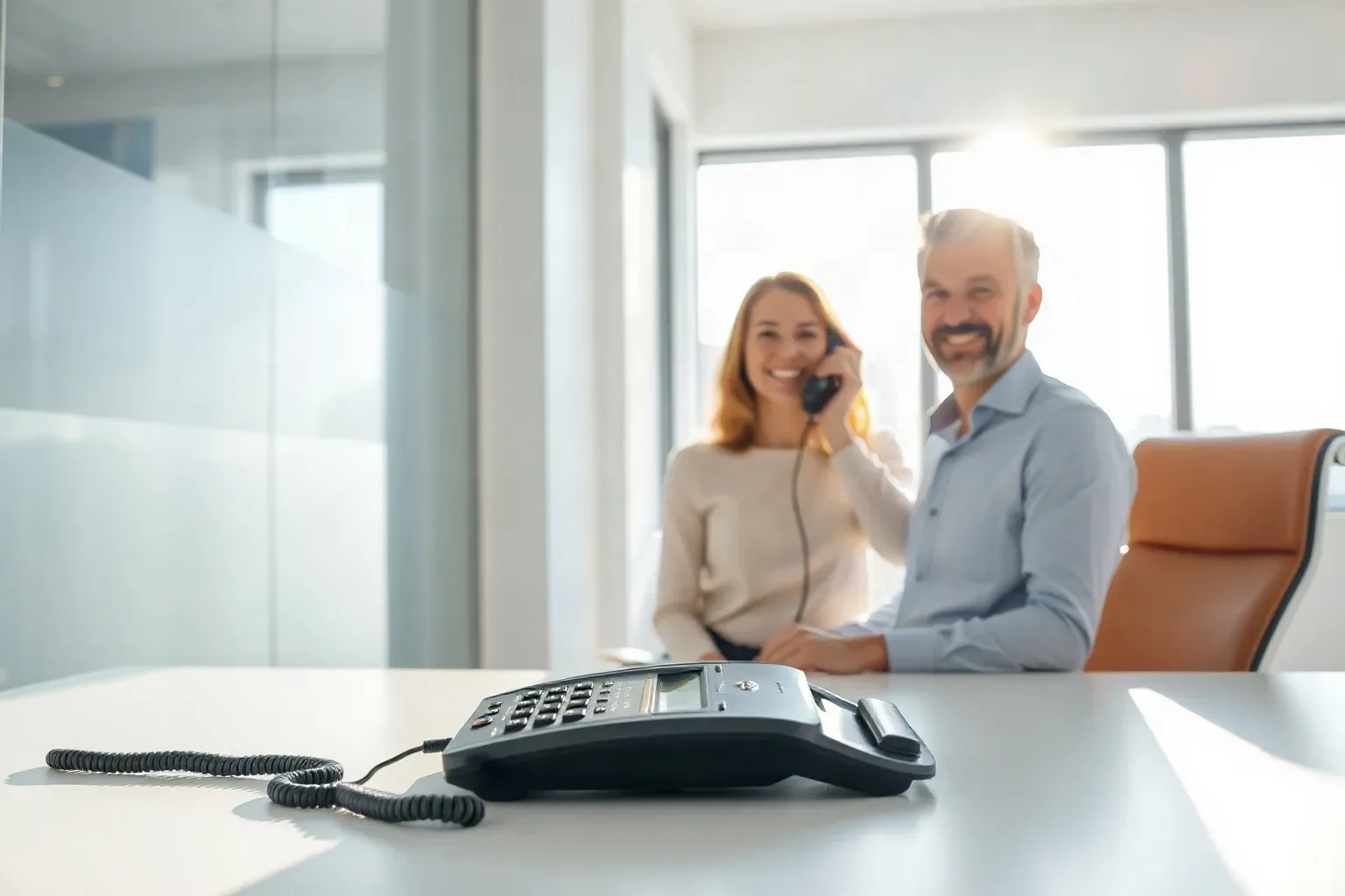 A desk phone handset lifted mid-call