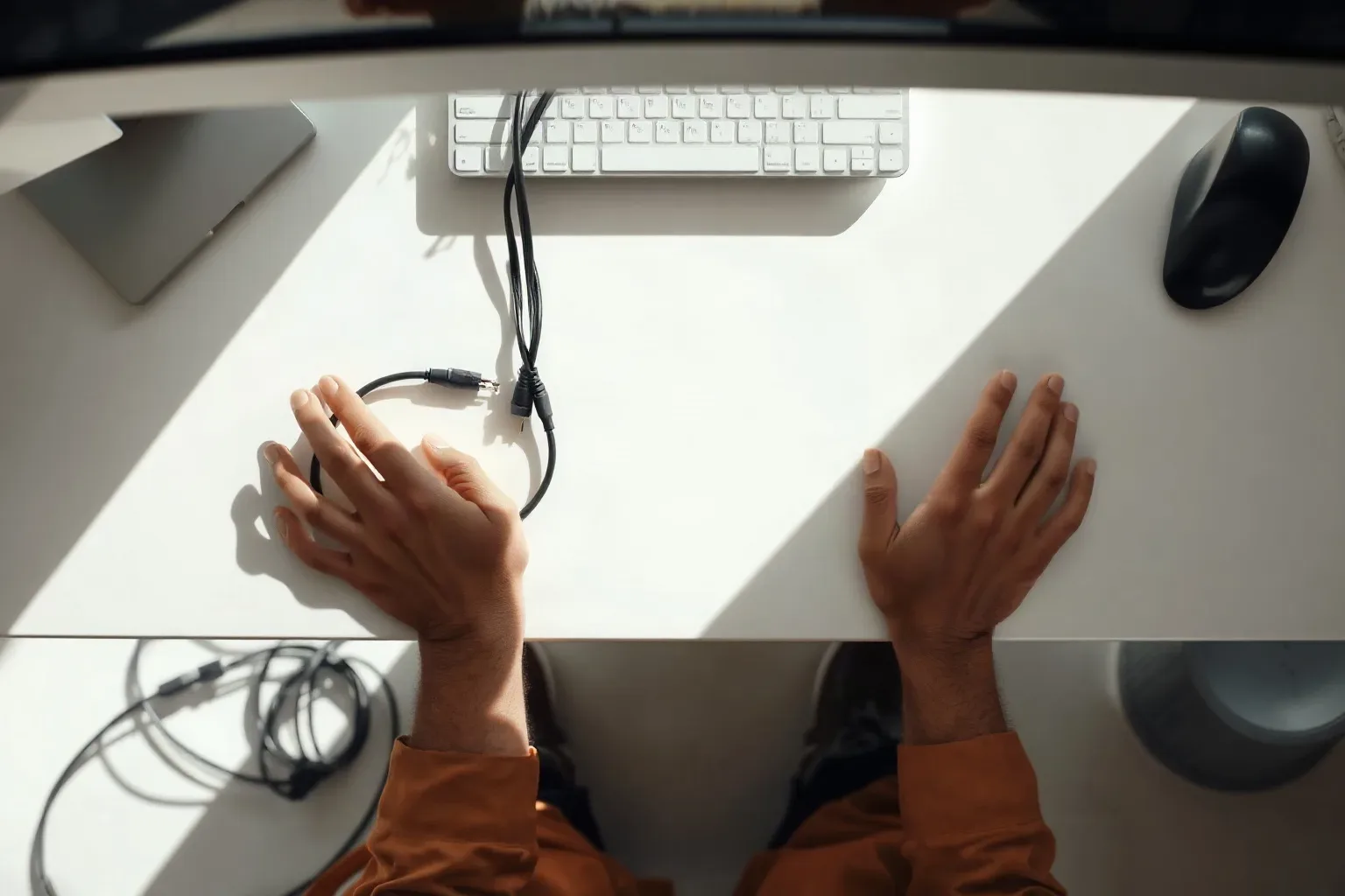 A neat cable tray beneath a standing desk with bundled leads and power strips