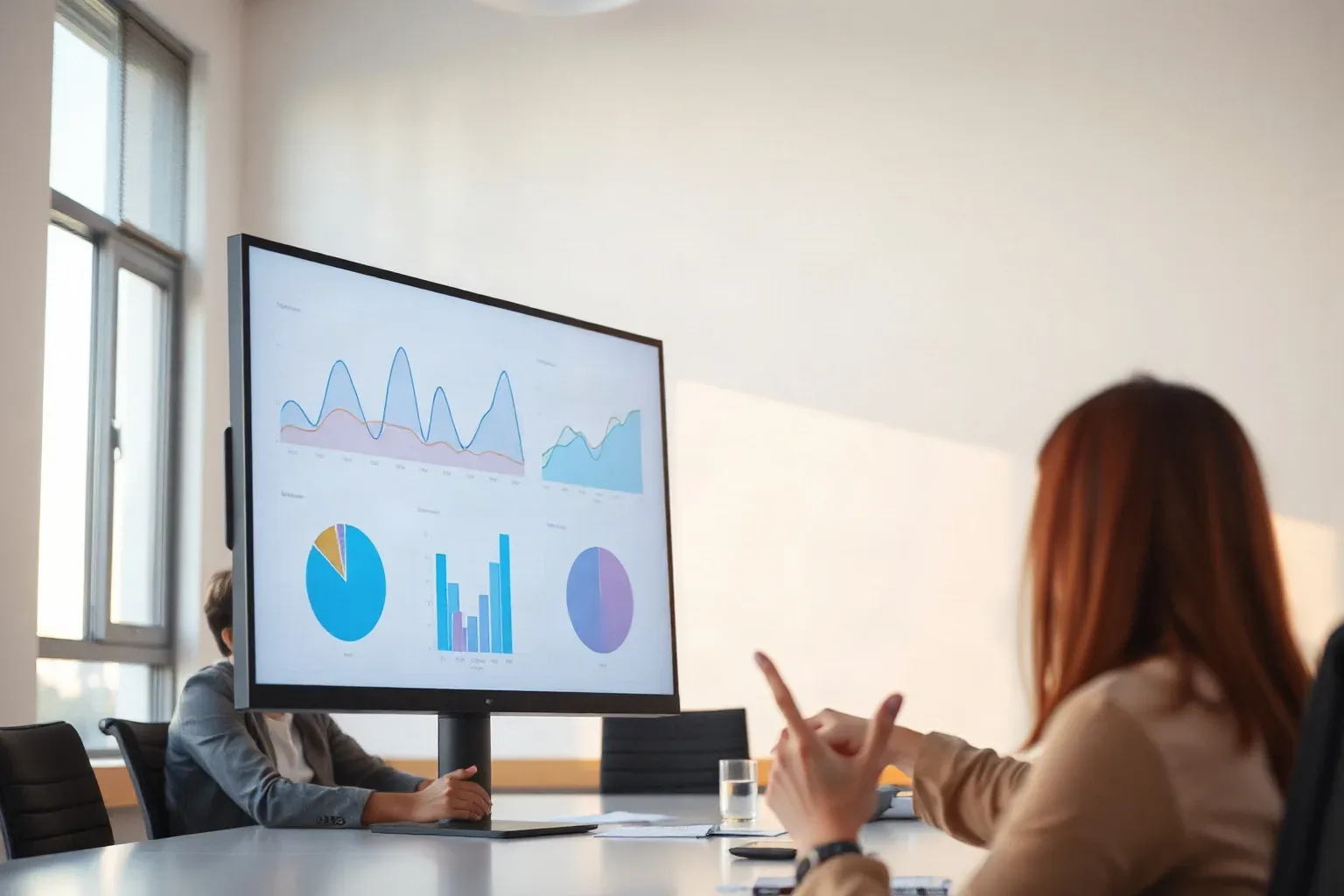 A wide monitor angled toward the camera showing abstract coloured graphs and link-metric curves