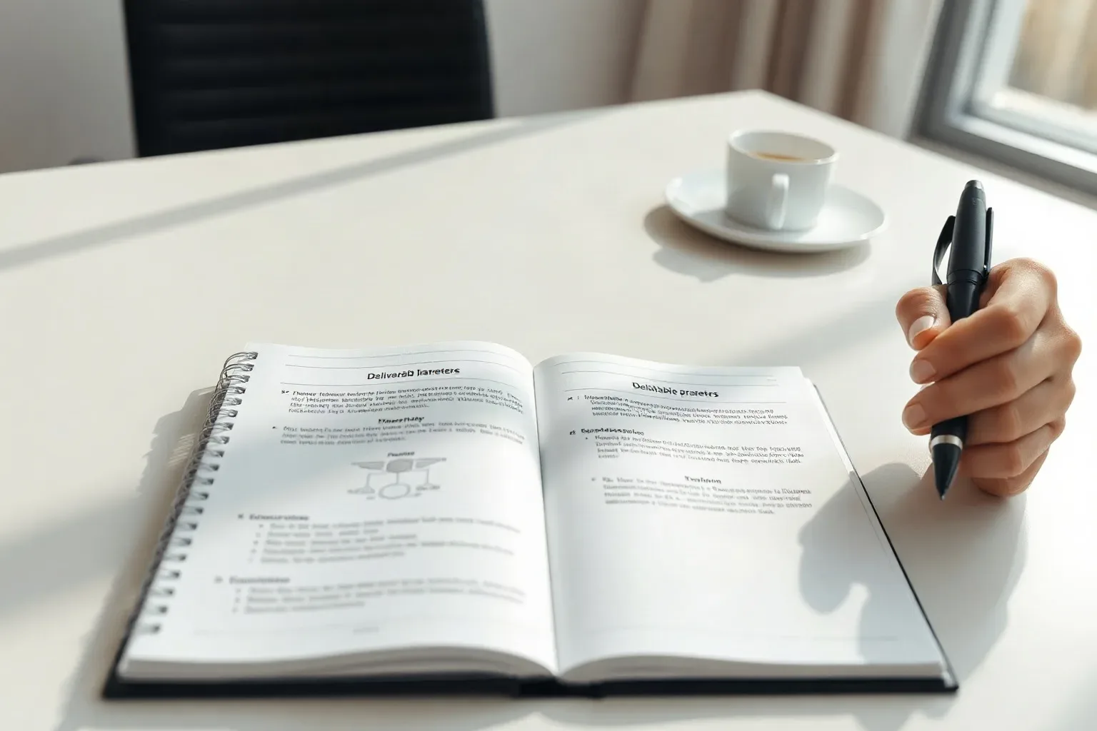 An open notebook resting on a strategy desk with an uncapped pen